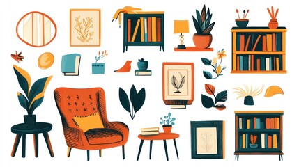 Cozy Home Interior Design Elements: Armchair, Bookshelves, Plants, and Artwork