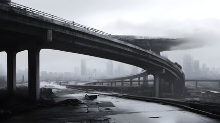 Obraz premium Urban Overpass in Fog: A dramatic black and white photograph of a large urban overpass curving over a waterway, shrouded in a thick fog, with a city skyline faintly visible in the background.