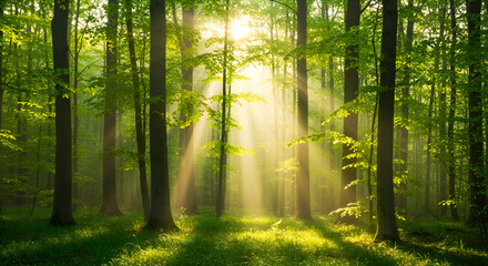 Sunlit Forest Sanctuary: Golden Sunbeams Through Lush Green Trees, Enchanting Woodland Landscape, Serene Nature Scene, Morning Light.
