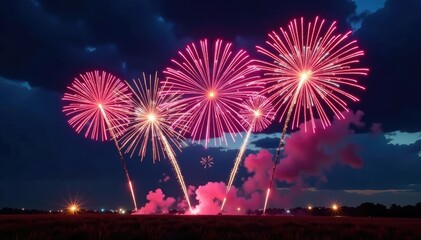Night sky explodes with vibrant firework bursts, celebratory victory scene , glittering, achievement, illumination