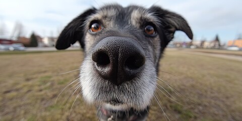 a dog with big nose, fisheye lens