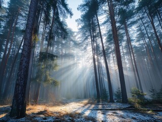Obraz premium Sunlight through tall trees in a forest. Serene woodland scene.