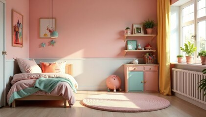 Cozy children's bedroom with colorful decor and toys , carpet, bedroom, furniture