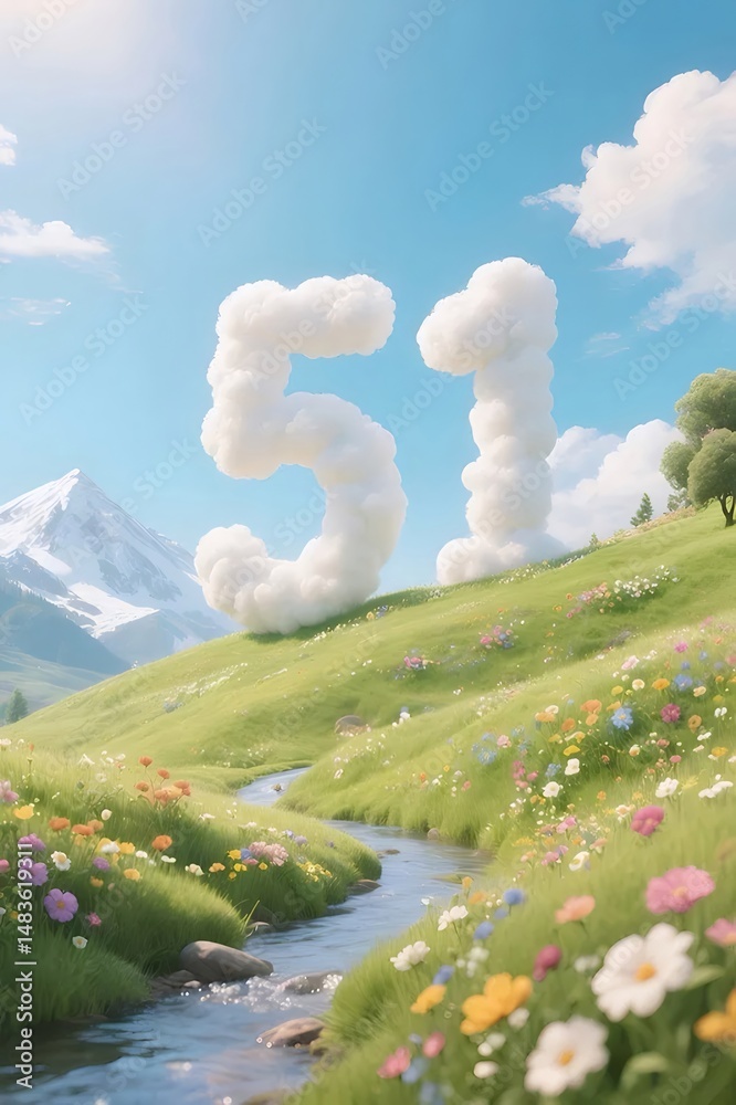 Poster 緑豊かな丘に流れる川と雲のような数字の明るい夏の風景 高山の背景には青い空とカラフルな花々