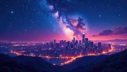Dreamlike fusion of city skyline and starry night sky, surreal blend of urban and celestial , digital art, peaceful