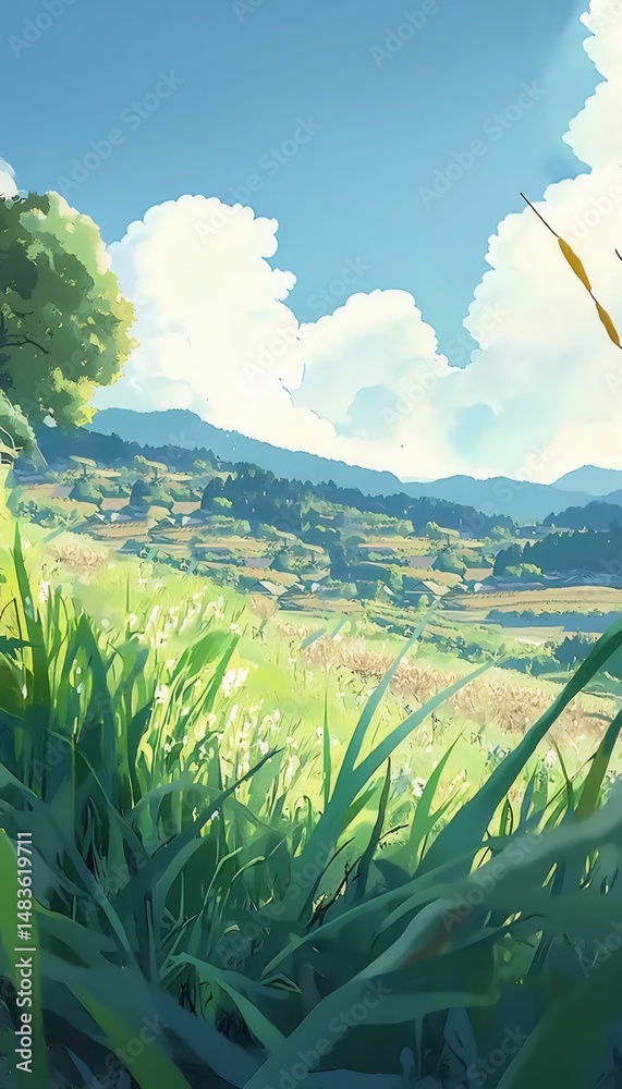 Poster 緑豊かな草と山々が広がる穏やかな田園風景 青い空の下で自然の美しさを満喫できるイラスト風風景