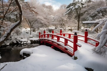 Winter Bridge in Japanese Garden.