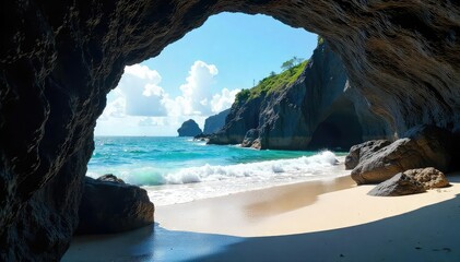 Dark volcanic rocks frame a secluded cove beach, dark, untouched