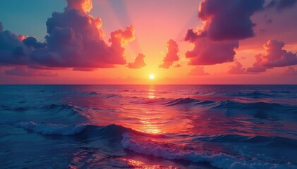 Spectacular sunset over a tranquil ocean, vibrant colors reflecting on the water , vacation, colorful, reflection