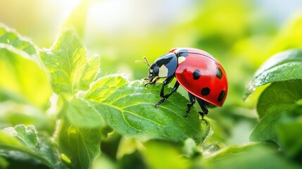 Fototapeta premium Ladybug on Green Leaf in Sunlight