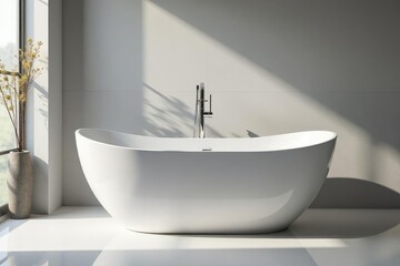 Sleek modern freestanding bathtub, chrome faucet, shiny, clean