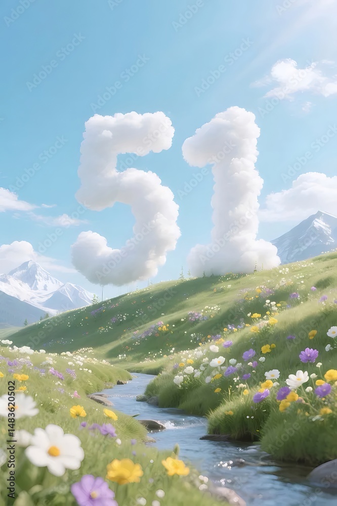 Poster 牧草地の川の上に浮かぶ雲でできた抽象的な数字のイメージ、山の背景を持つ穏やかな風景