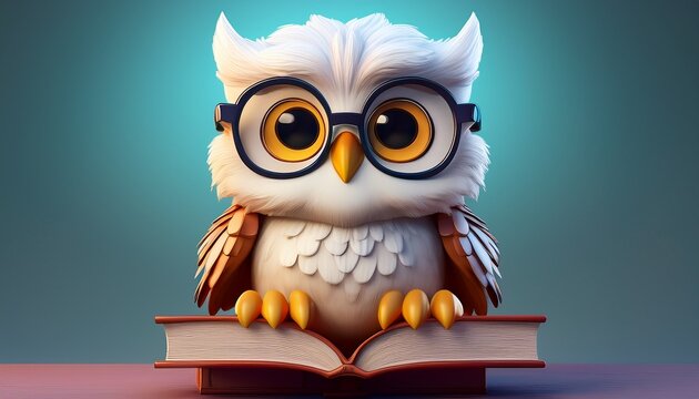 Chibi-Eule mit riesiger Brille und Buch auf dem Kopf