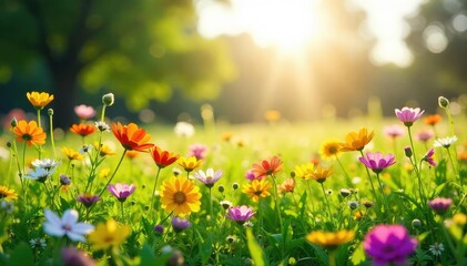Sunlit meadow, vibrant wildflowers blooming in gentle breeze, meadow, countryside, sunshine