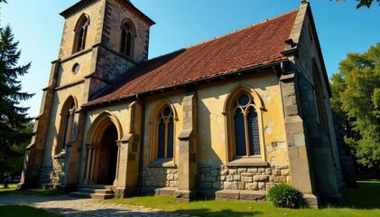 Ancient stone church exterior, weathered facade, stained glass window, religious architecture , design, destination, facade