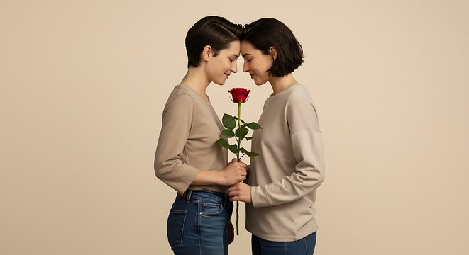 Lesbian couple holding rose against cream wall