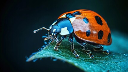 Obraz premium Vibrant Ladybug on a Dew-Covered Leaf - Macro Photography