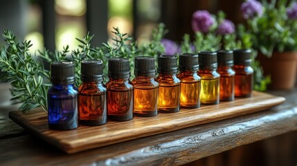 Aromatic Essential Oils Collection on Wooden Tray with Herbs