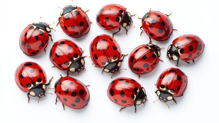 Fototapeta premium A Gathering of Ladybugs Close-Up of Red and Black Ladybirds on White Background