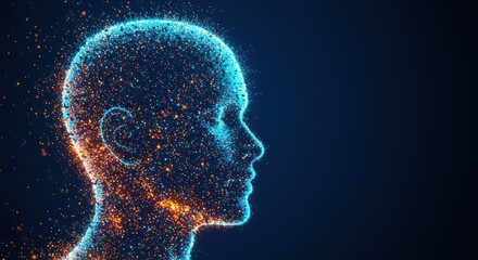 Digital human head silhouette made of particles on a dark blue background.