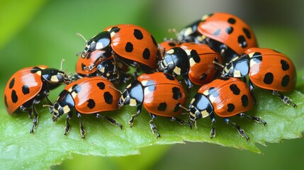 Fototapeta premium Cluster of Ladybugs on a Green Leaf
