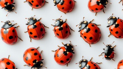 Red Ladybug Pattern on White Background - Close-up Macro Photography of Multiple Ladybugs