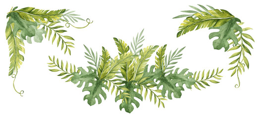 Tropical Leaves Compositions Set. Eucalyptus, Banana Palm and Monstera Watercolor Corners, Bouquet with Liana. Hand drawn botanical illustration isolated on white background. For cards, invitations