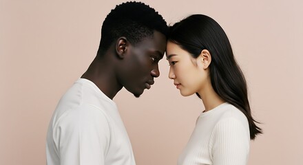 Obraz premium Interracial couple touching foreheads on pale pink background