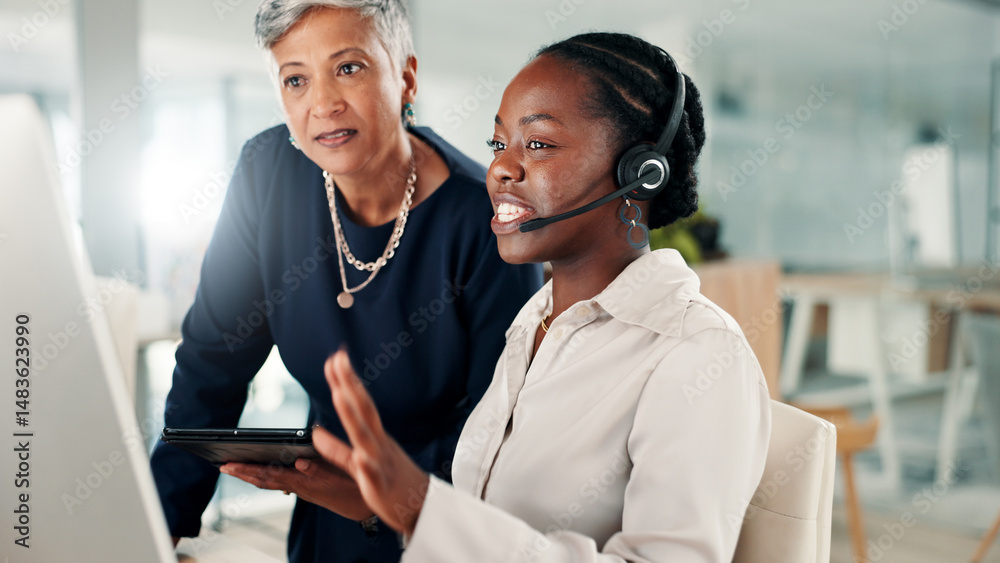 Poster call center, women and advice at computer for business, feedback or problem solving in telemarketing