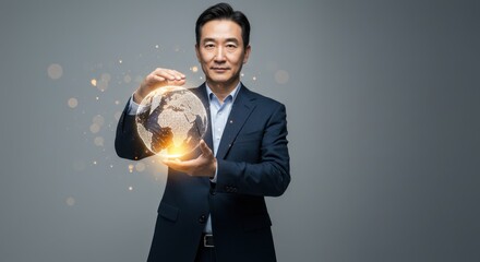Man in suit holding glowing earth globe with digital connections on gray background.