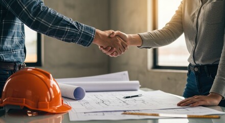 Two people shaking hands over blueprints with a hard hat on the table.
