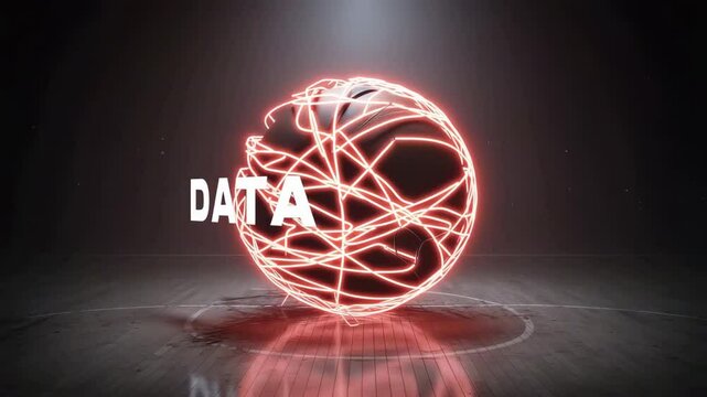 Glowing red neon light trails spin around a black basketball  spelling 'DATA' on a glossy floor