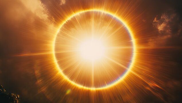 Radiant circular sunburst through clouds