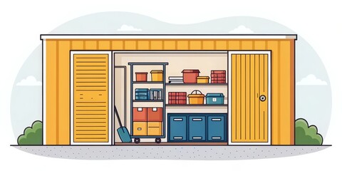 Organized Storage Shed Flat Illustration of Yellow Shed with Shelves, Boxes and Tools, Storage Organization, Shed Design Storage, Organization