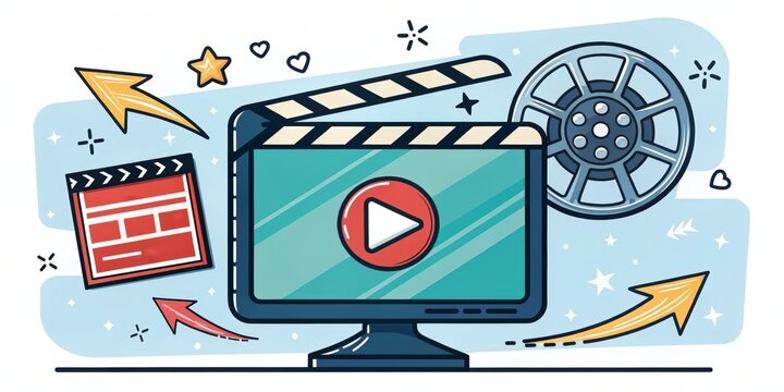 Online Video Production Clapperboard, Film Reel and Play Button Illustration, Video Production, Filmmaking Video marketing, Online content