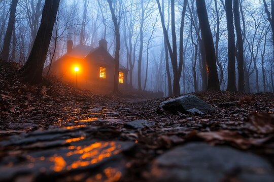 Foggy forest path leading to a cabin