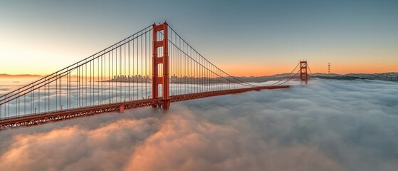Fototapeta premium Iconic suspension bridge shrouded in morning fog, bathed in sunrise's warm glow. A majestic scene of nature and architecture