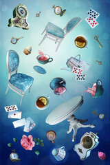 Wonderland background. Mad tea party.Playing cards, pocket watch, key, cup and teapot falling down the rabbit hole