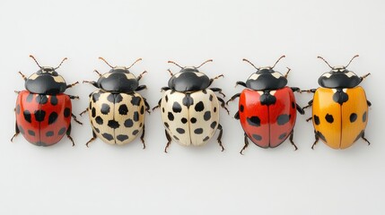 Fototapeta premium Four Ladybugs of Different Color Variations in a Row on White Background