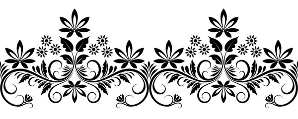 black and white seamless pattern with flowers, swirls, leaves on white isolated background, floral design element, decorative border
