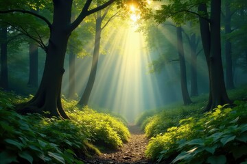 Obraz premium Sunbeams pierce dense canopy, lush undergrowth, branches, summer