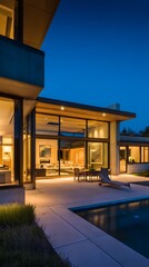 Single-family home with a patio captured in twilight atmosphere, showing modern architecture, detailed textures, and clean surroundings.