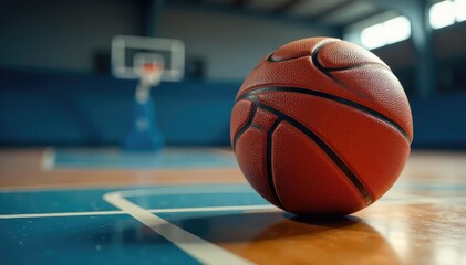 Fototapeta premium Close-up basketball on court, net in background, sports, gym, wood