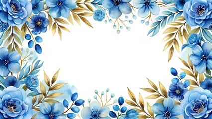 Blue watercolor floral frame background vector with a golden border on a white background, blue flowers decoration for a wedding invitation and card design template illustration	