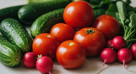 Fresh vegetables including tomatoes cucumbers and radishes arranged together on a surface.