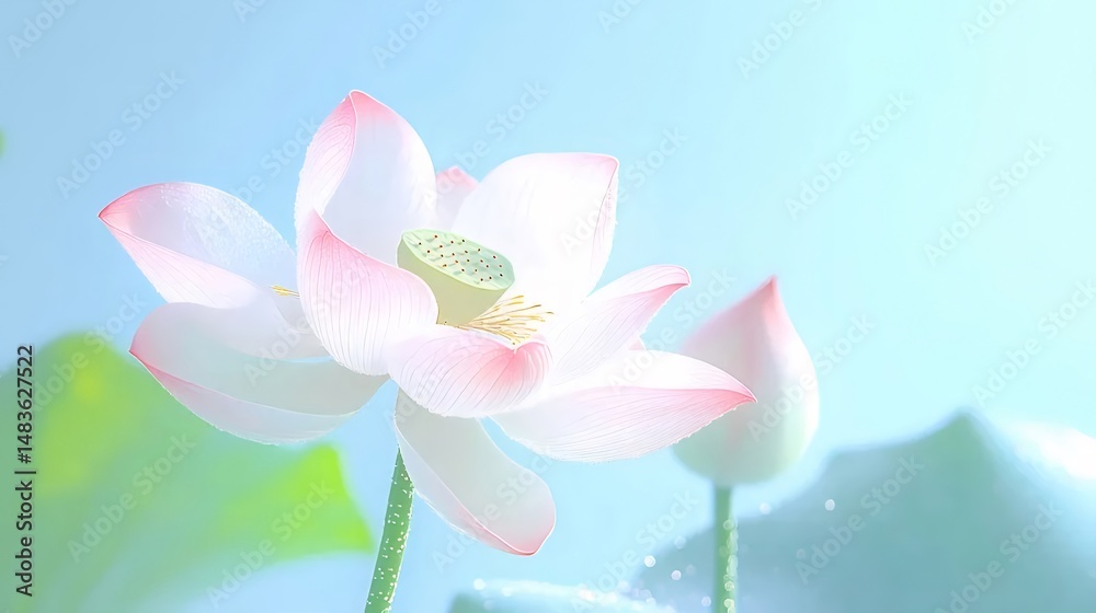 Aufkleber ピンクの縁取りが施された白い蓮の花が青空を背景に咲き誇る穏やかなイメージ