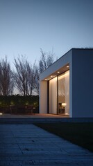 Single-family home with a patio captured in twilight atmosphere, showing modern architecture, detailed textures, and clean surroundings.