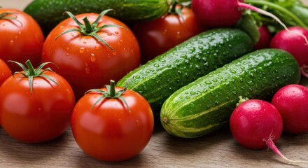 Tomatoes cucumbers and radishes are arranged on a surface in a close-up shot.