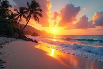 Golden sunset hues paint tranquil beach scene, dusk, clouds