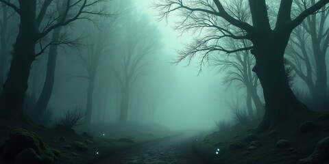 an abstract landscape with dense fog and ghostly white mist floating over a shadowed forest